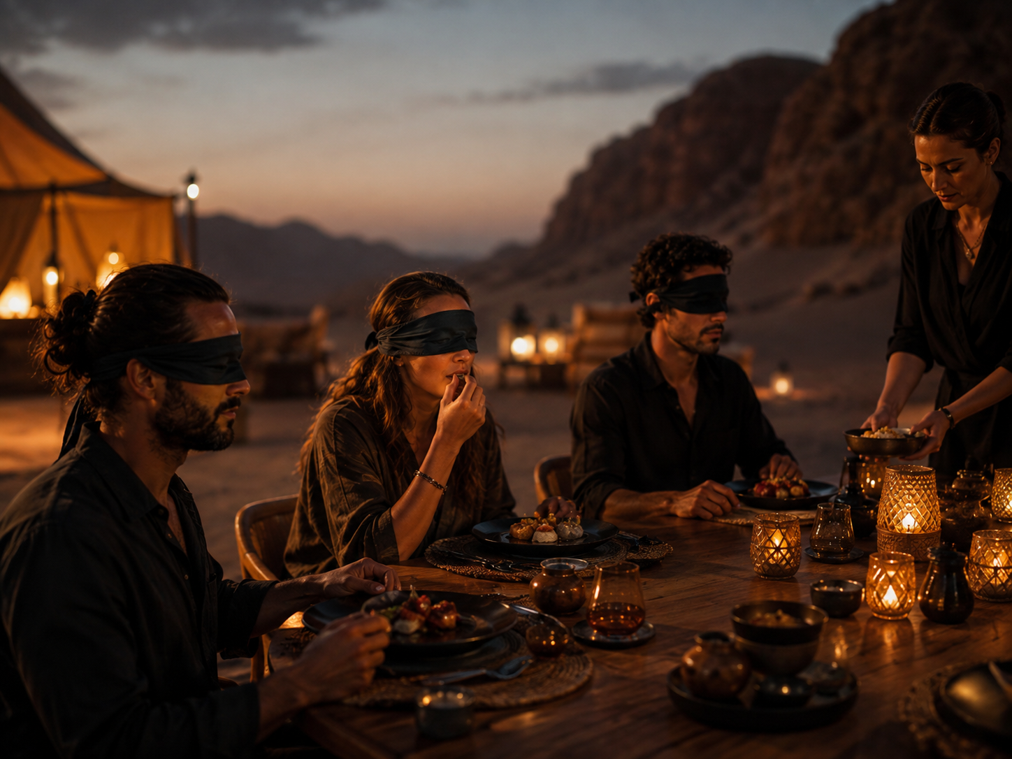 Blindfolded dinner sensory experience.