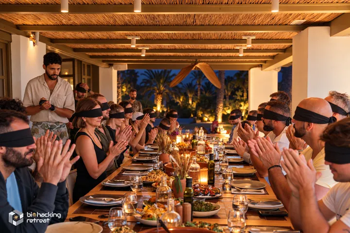 Guests sharing a blindfolded dinner