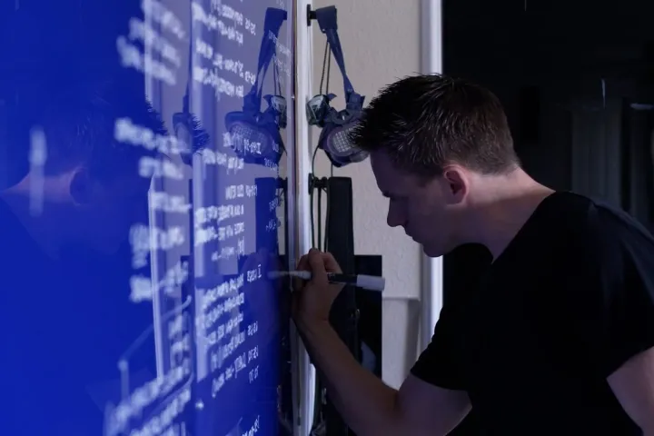 Brandon Birchak writing training notes on a glass wall