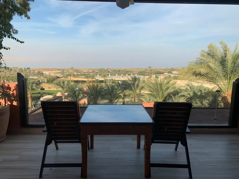 Terrace table and chairs overlooking palms and the desert